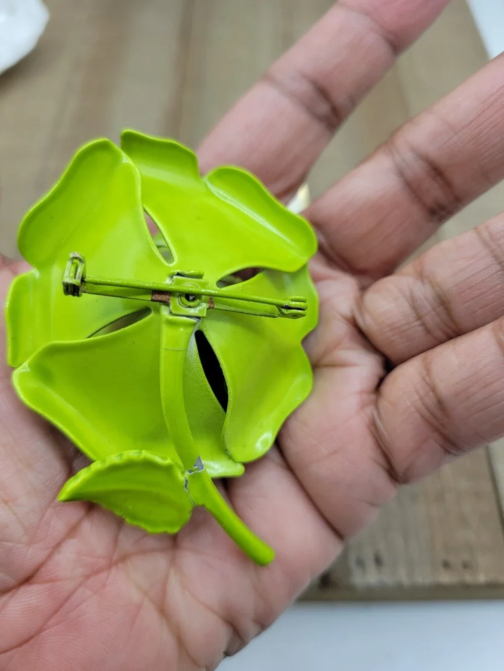 Vintage Lime Green Painted Floral Flower Brooch